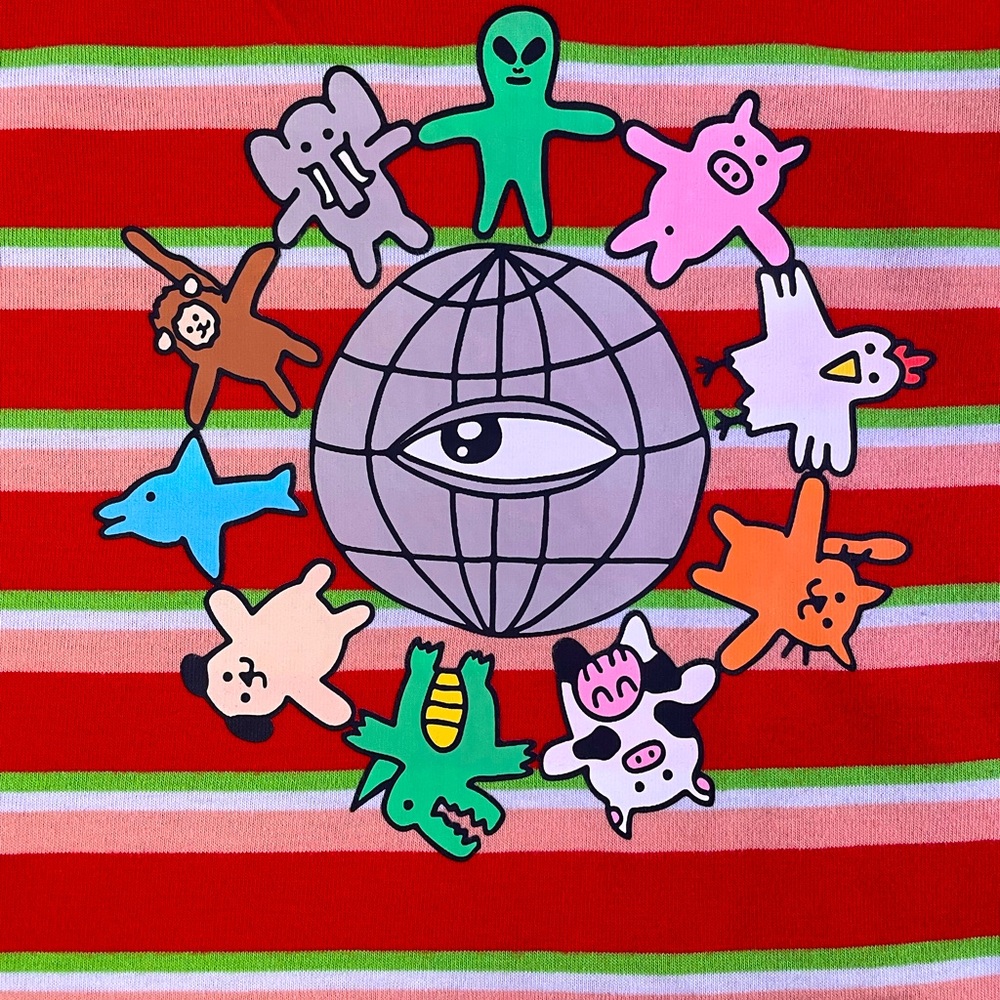 A*LAB red/pink/green striped crew neck cropped tee w/ animals graphic sz L